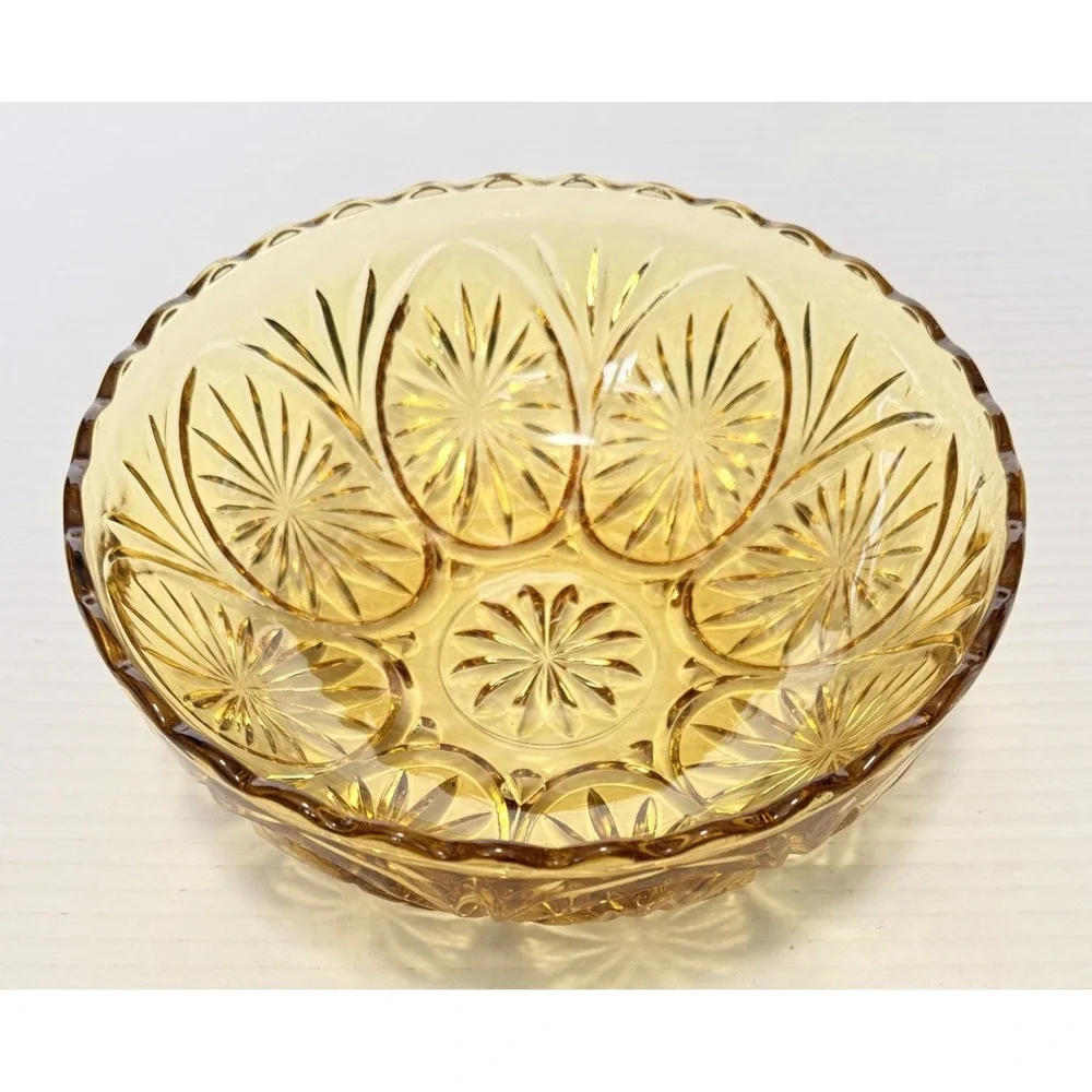ANCHOR HOCKING Vintage Medallion Honey Gold‎ Amber Egg Pattern Bowl Candy Dish